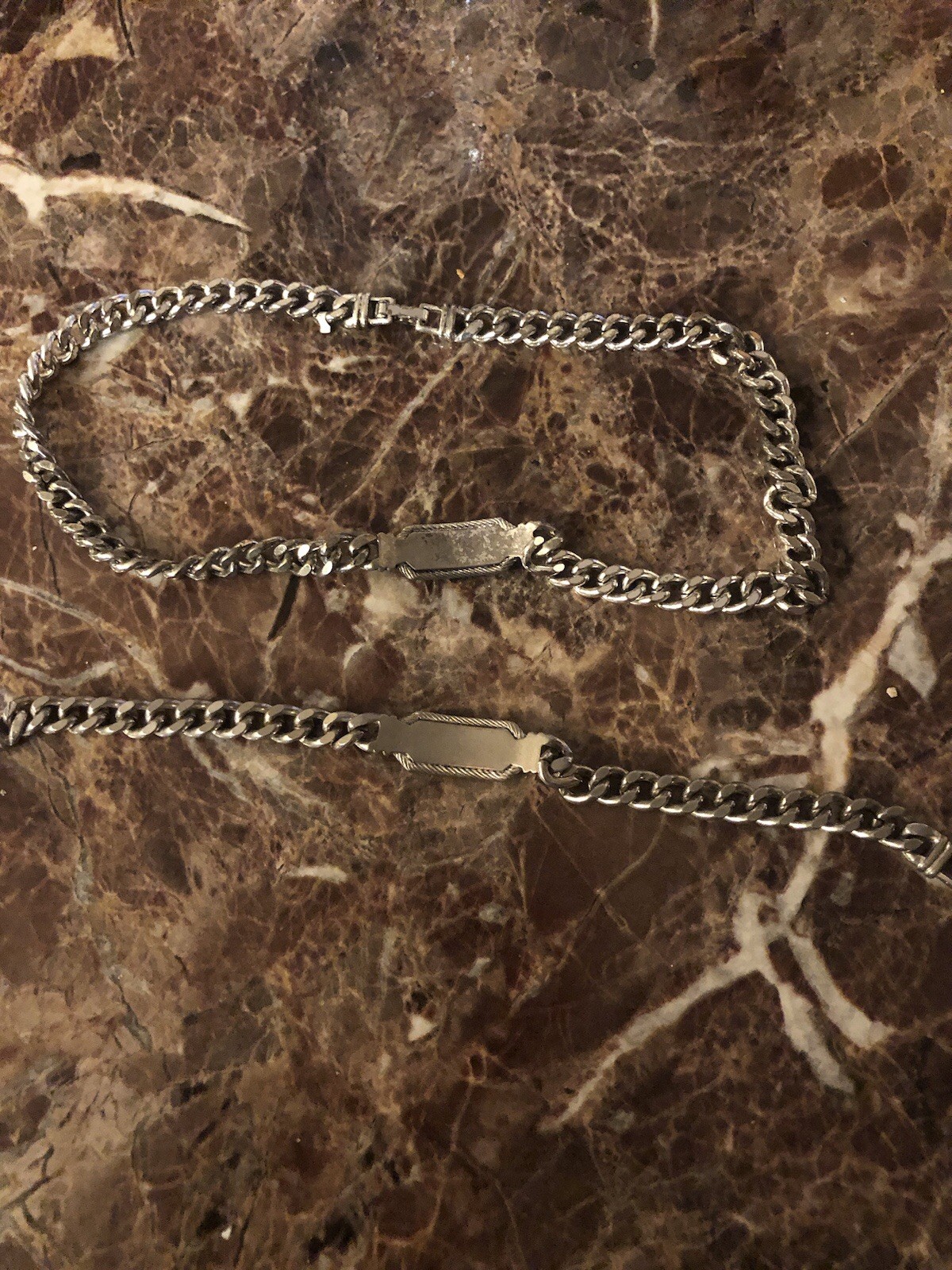 Vintage Silver Jewelry Set- Chain Link And Plate Design- Necklace And Bracelet