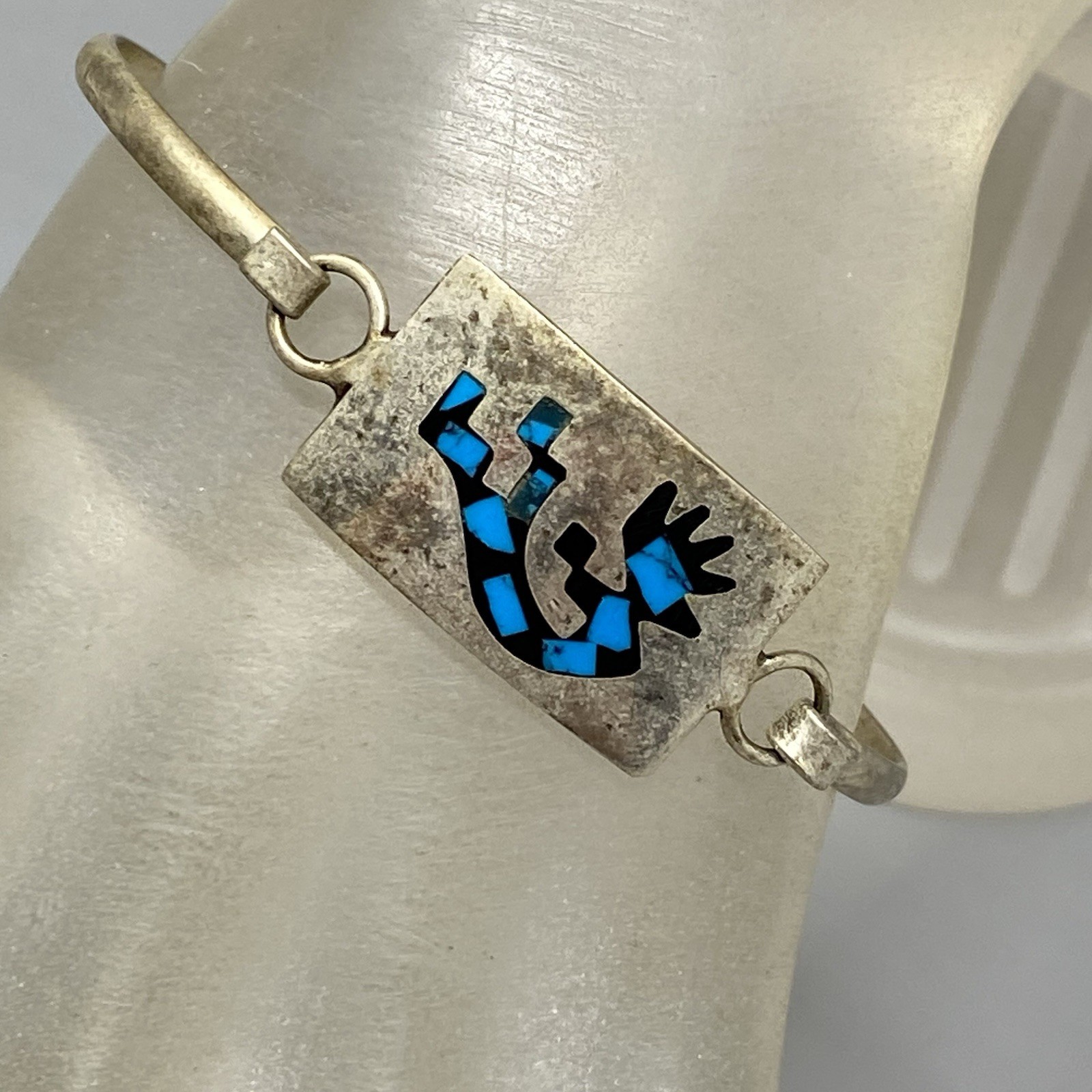 Vintage Turquoise Inlay Kokopelli Bangle Mexico Silver Unsigned Hook Clasp 7.25″