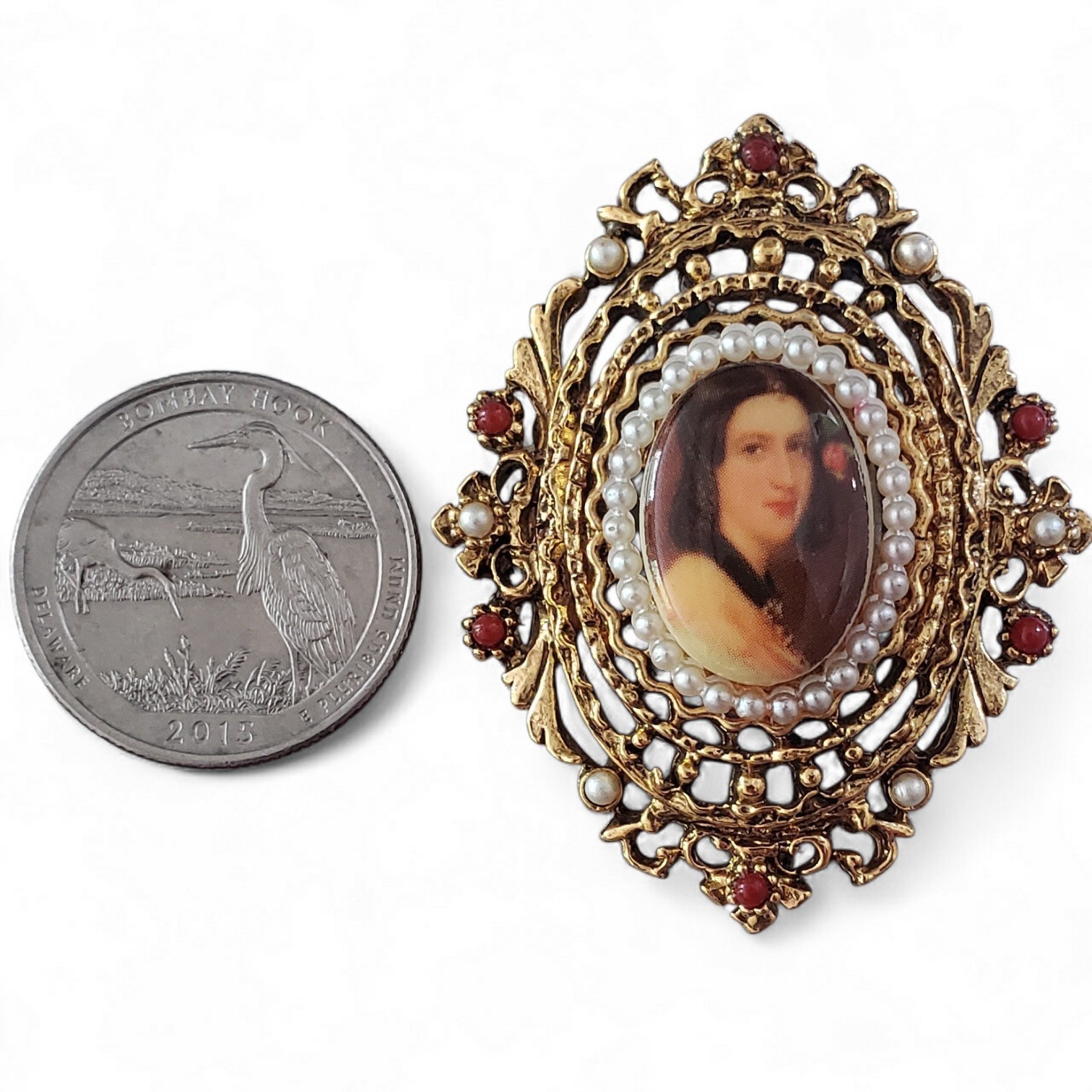Vintage ART Lady Portrait Brooch Victorian Revival Filigree Pearls
