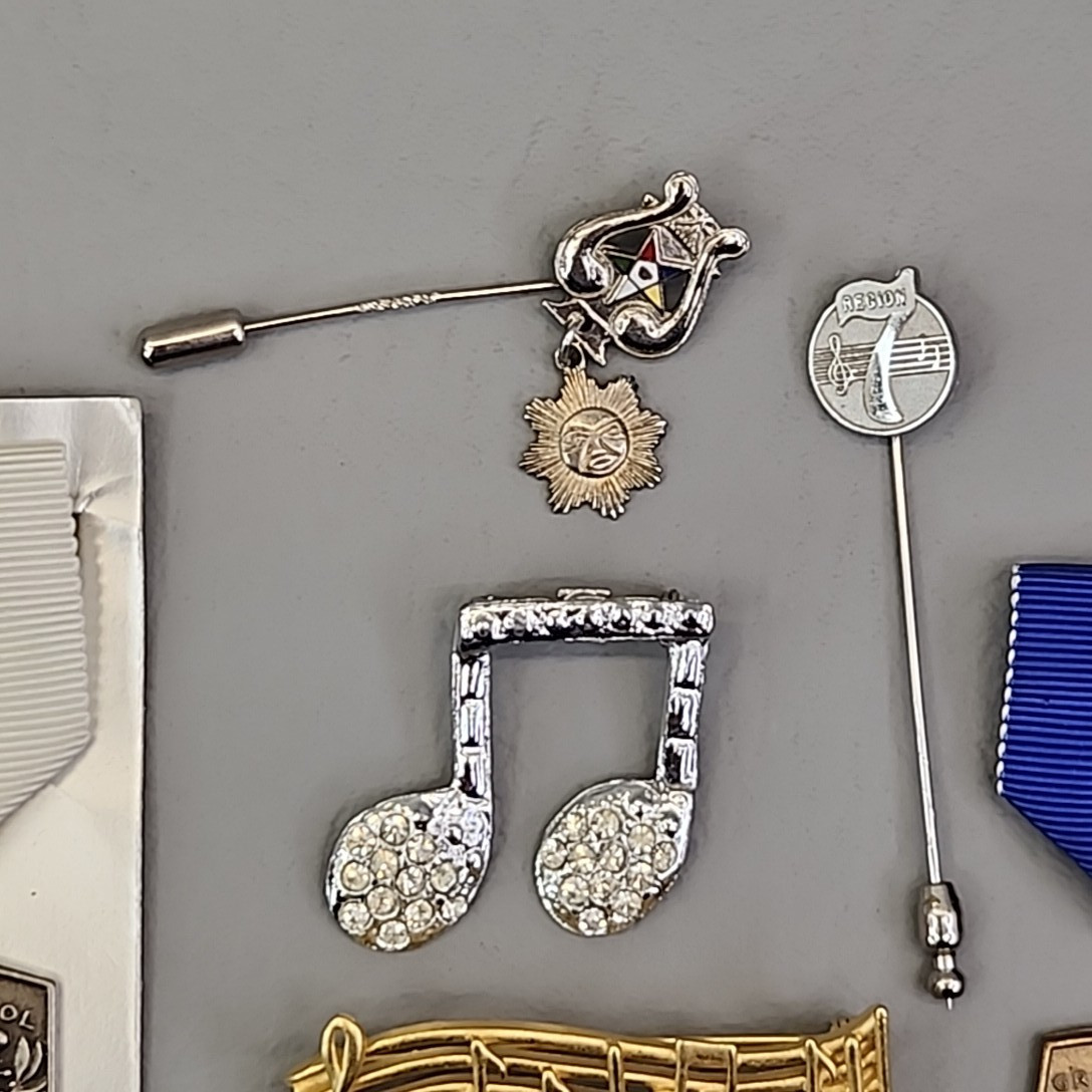 Vintage Music Lot of 6 Brooch, Medals, Stick Pins Notes Instruments