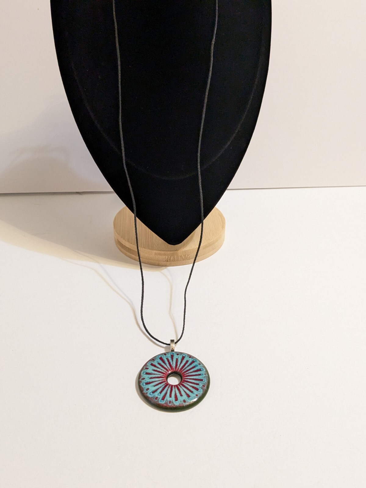 Round Multicolor Resin Pendant And Black Cord Necklace. FLAWED Cord.