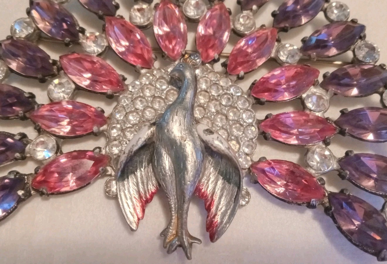 RARE!! Vintage Art Deco Peacock Pin Purple And Pink Navettes!!!