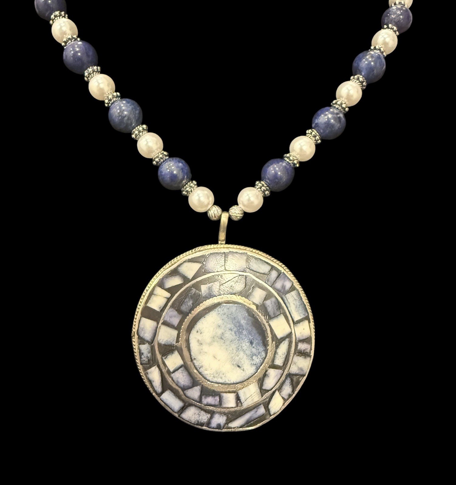 Lapis Sodalite And Faux Pearl Long Beaded Statement Pendant Necklace