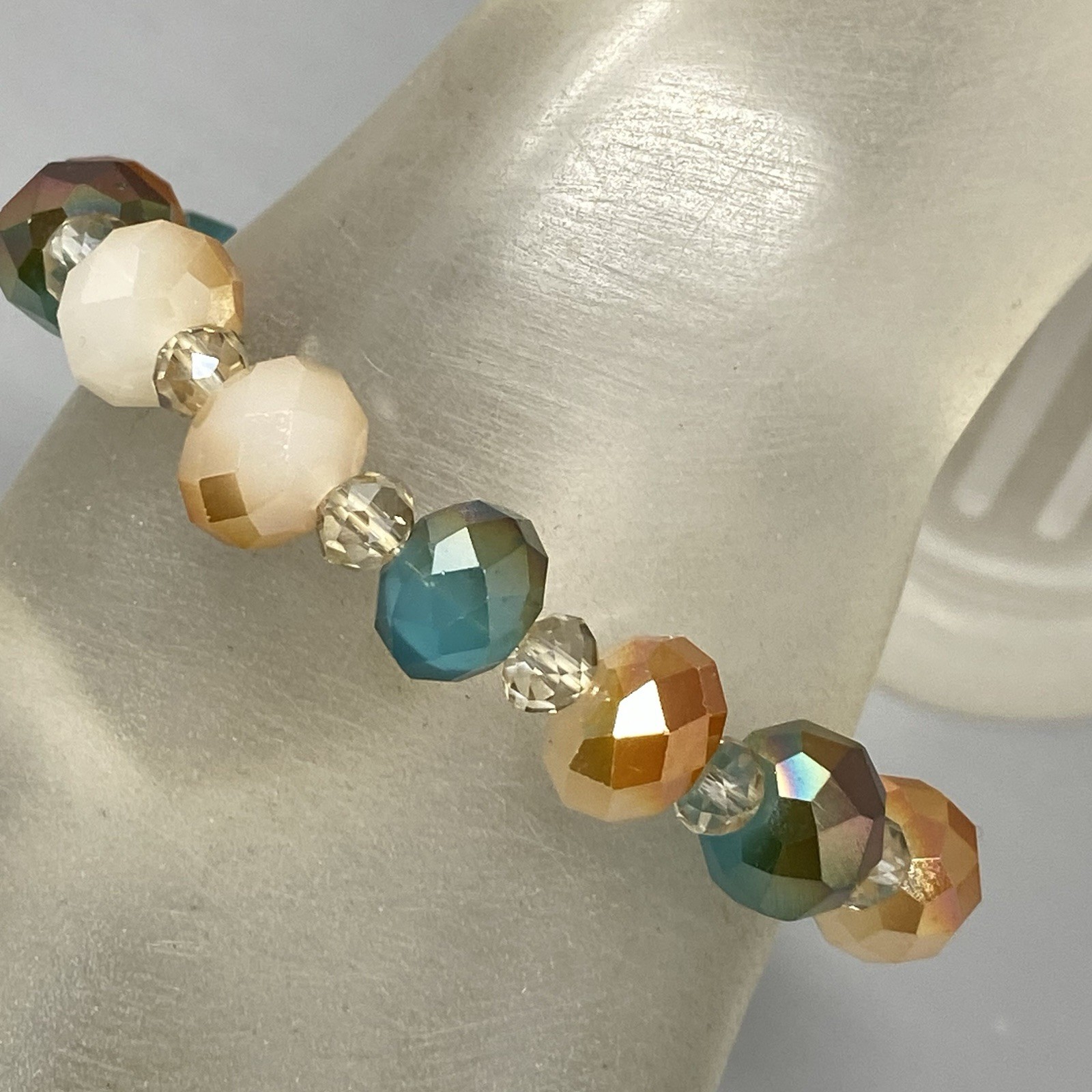Glass Beaded Bracelet Blue Cream Gold Faceted Fire Polished Stretch Elastic 7″