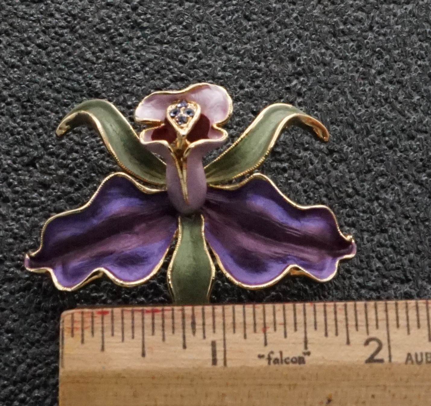 Vintage Gold Tone Enamel Leaf Purple Orchid Floral Brooch