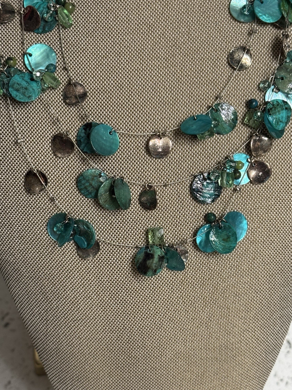 Coldwater Creek Boho Mother Of Pearl Aqua Turquoise Necklace & Ear Earrings VTG