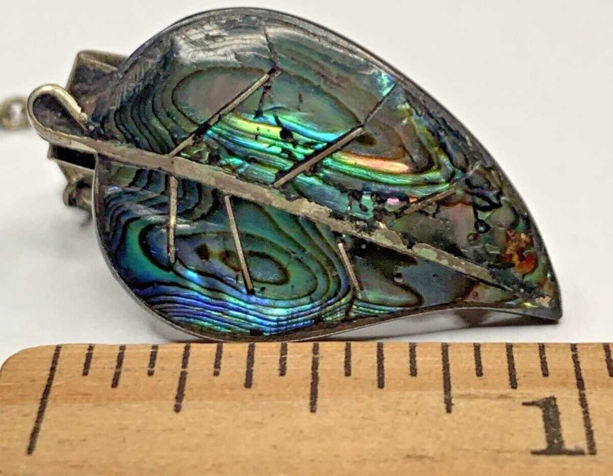 Vintage Sterling 925 Taxco Mex Abalone Leaf 1” Cardigan Sweater Brooch Clips 8G