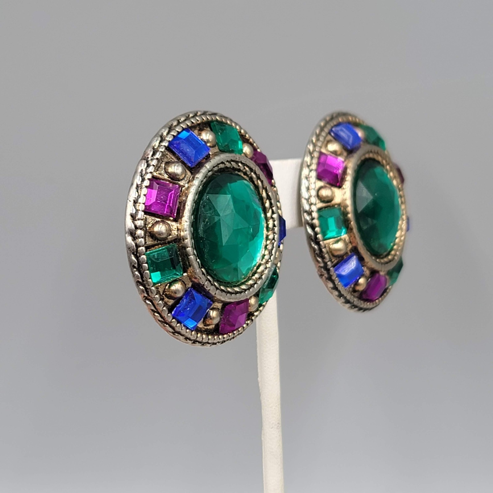 Vintage Large Green Purple Blue Clip on Earrings Silver tone 1.5″