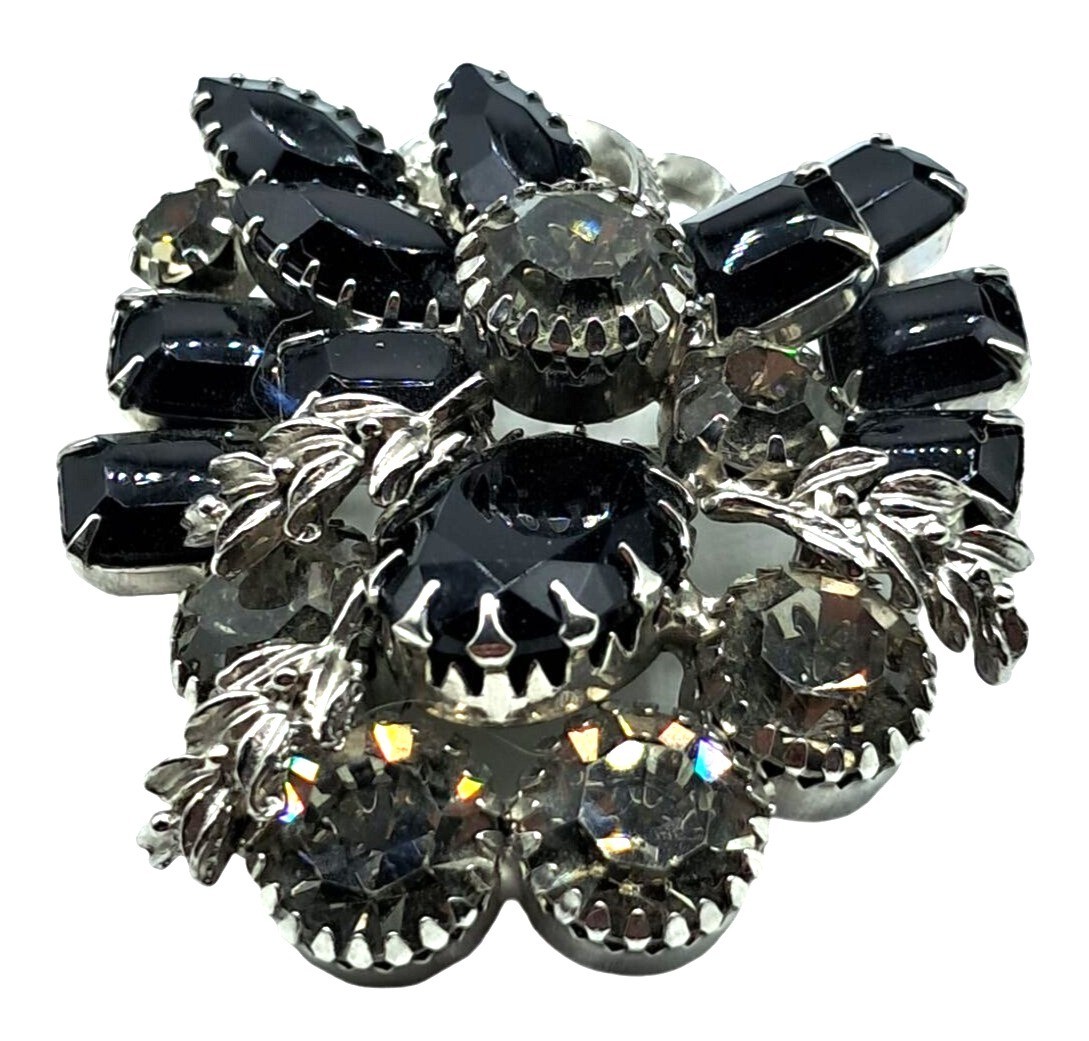 Vintage Rhinestone Brooch Earrings Set Black Clear Rhinestones Jewelry