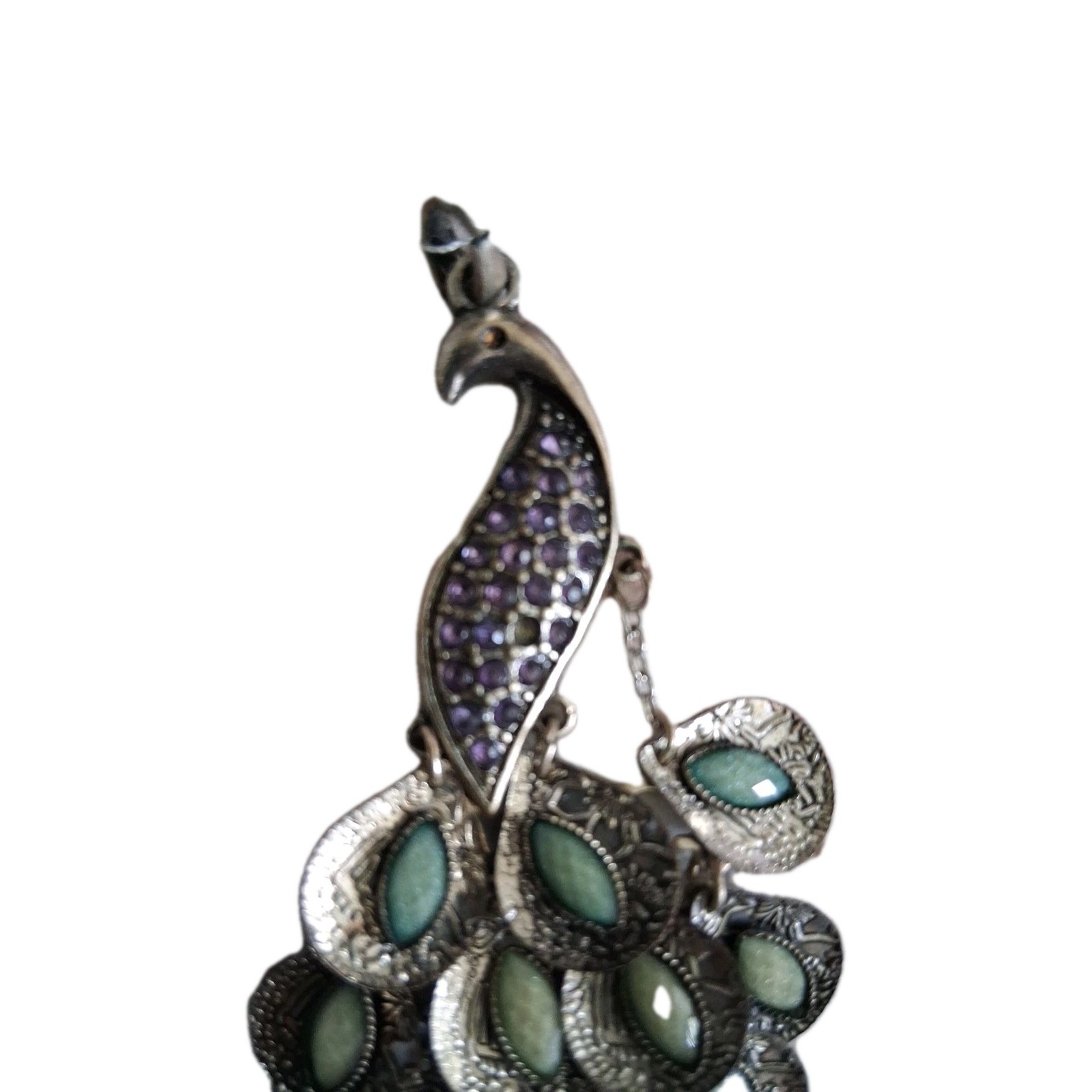 Boho Vintage Peacock Pendant Articulated Purple Green Rhinestones No Chain