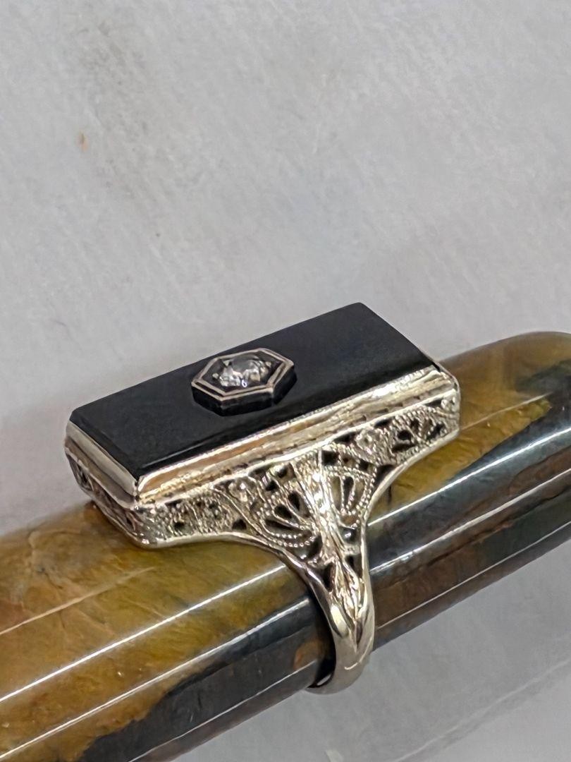 Victorian 14k White Gold Filigree Diamond & Black Onyx Ring Size 4.75