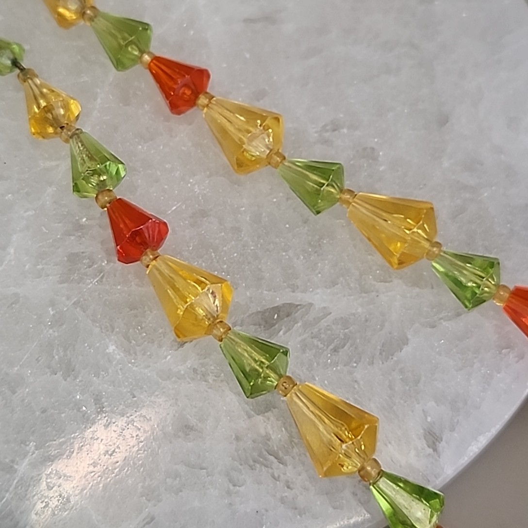 Vintage Plastic Beaded Necklace West Germany Orange Green Yellow AB Glass 20″