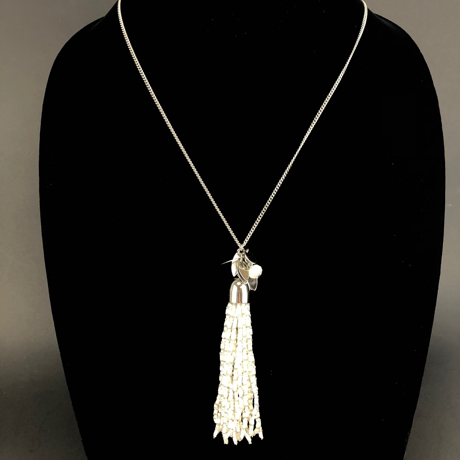 Loft Necklace Silver Tone with White Beaded Tassel