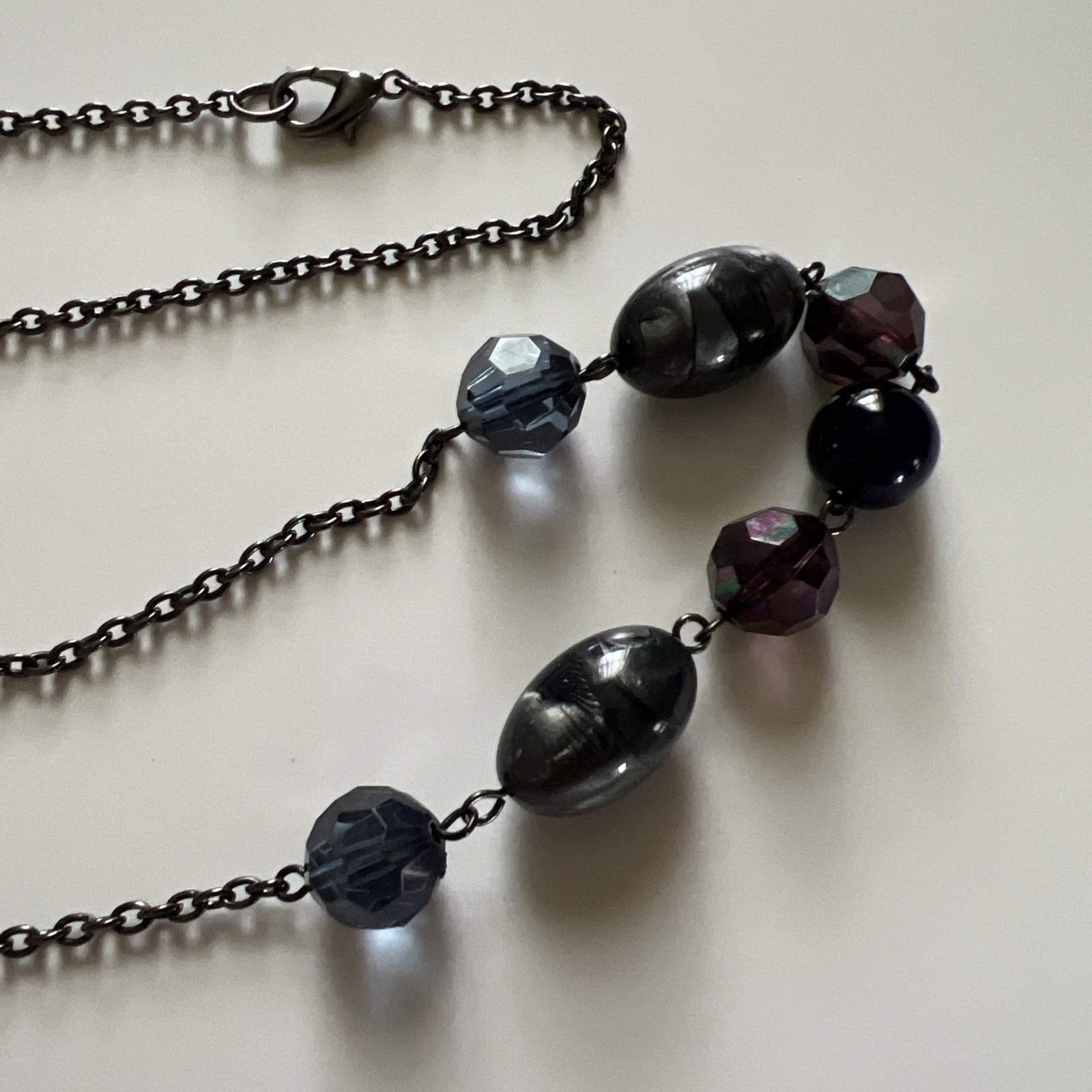 Vintage Long Necklace Blue Glass Beads Stones Different Shapes & Hues 46” Long