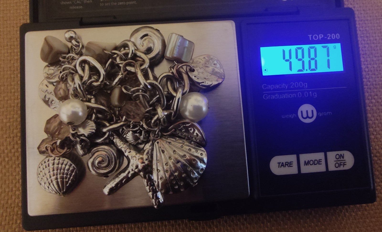 Vintage Charm Bracelet Sea Shells Starfish Silver tone, faux pearl danglers 9″