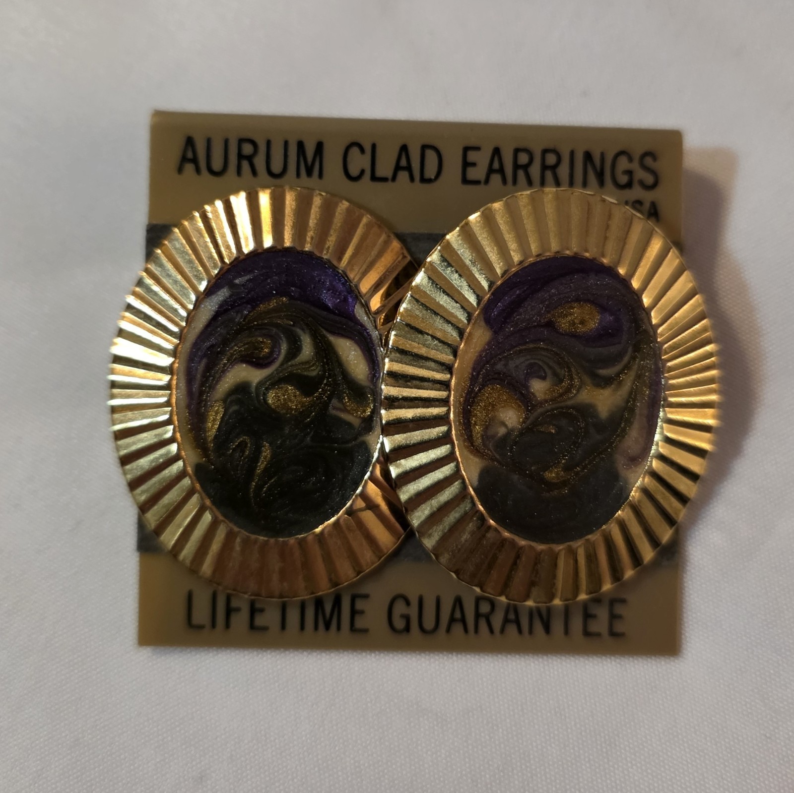 AURUM Gold-Tone Oval Swirl Enamel Earrings – Purple, Green & Cream