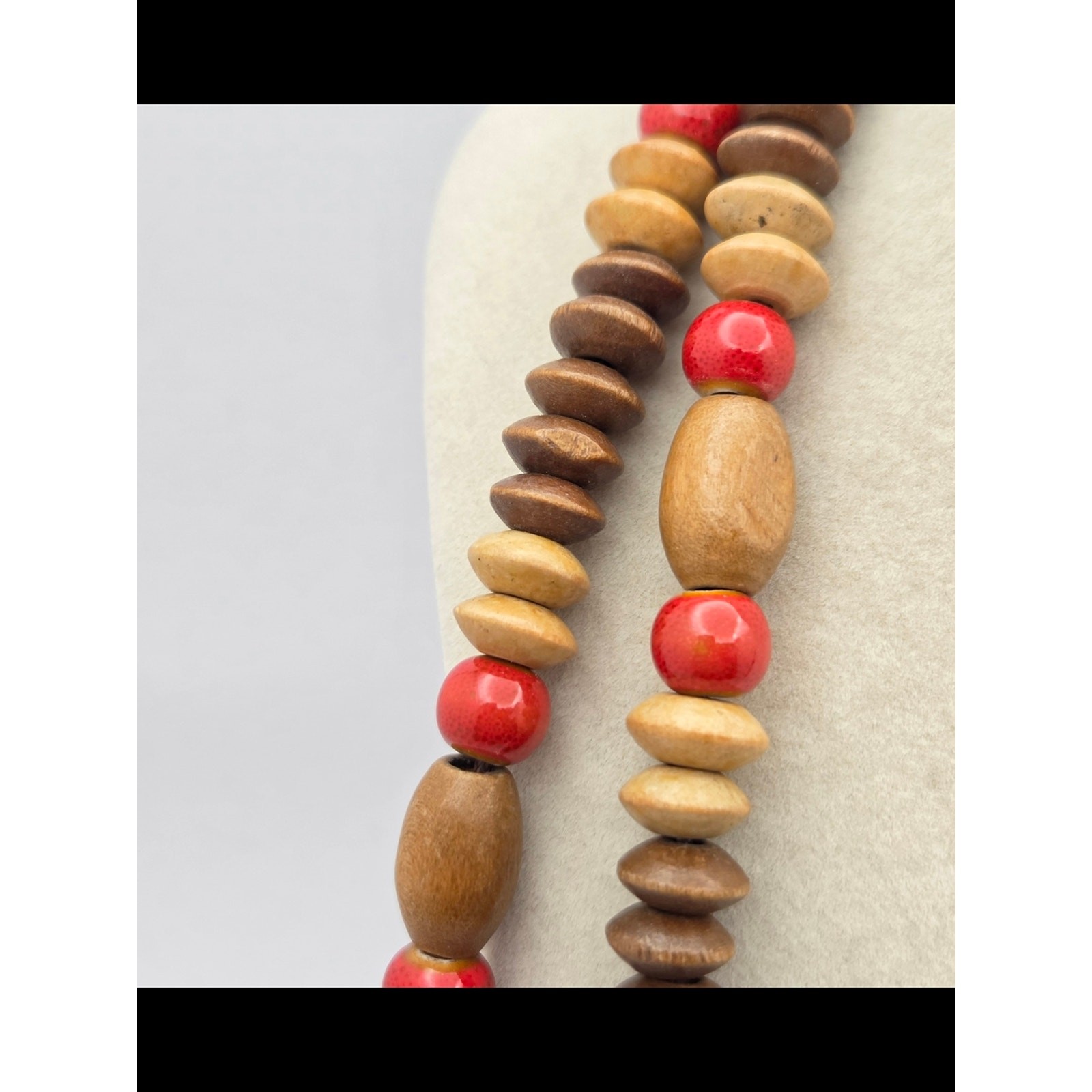 Vintage Multi-Strand Wood & Ceramic Bead Statement Necklace – 20” Boho