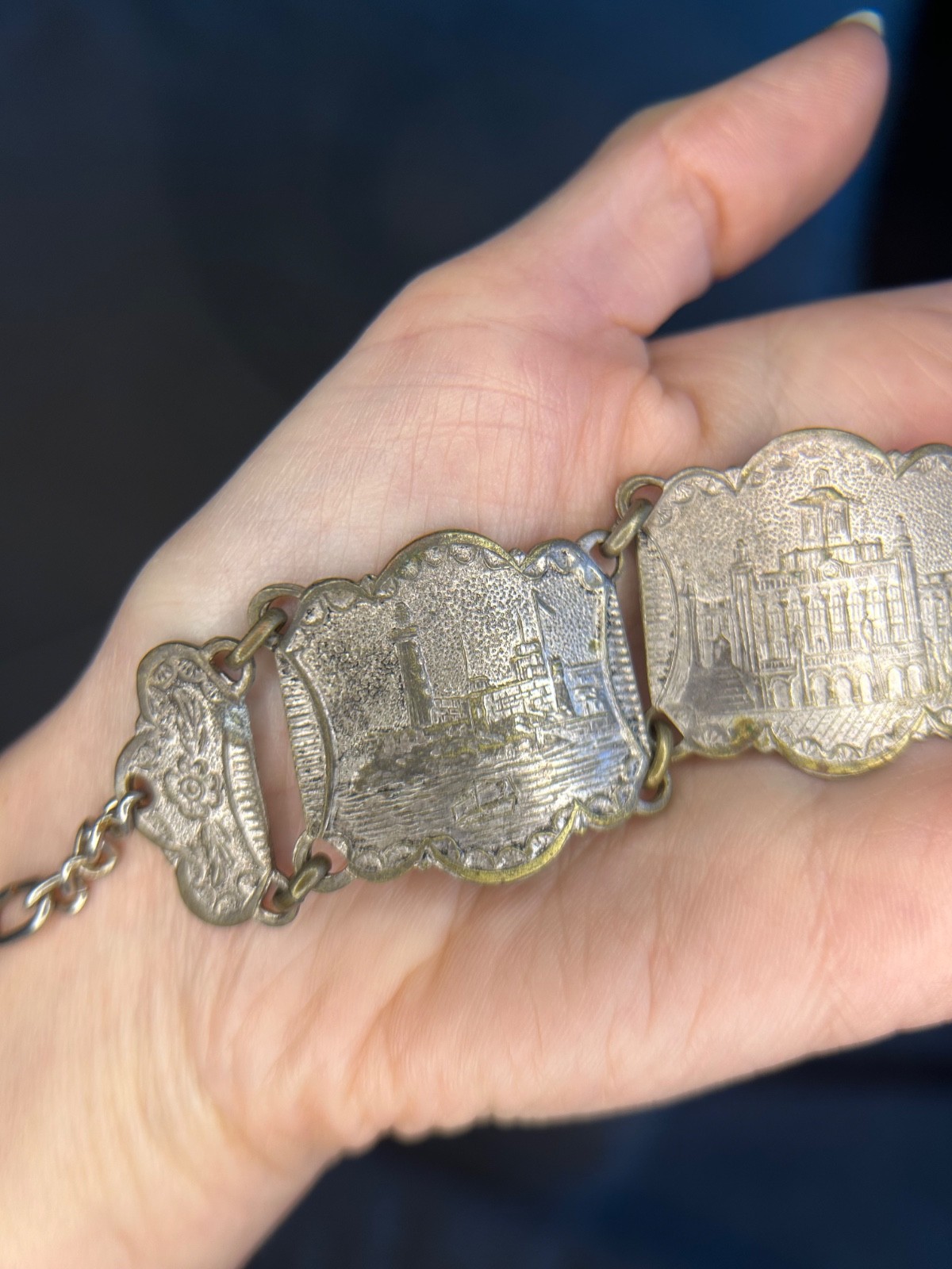 Antique European Cityscape Panel Bracelet 1930s Silver Plate Souvenir Scenic 9″