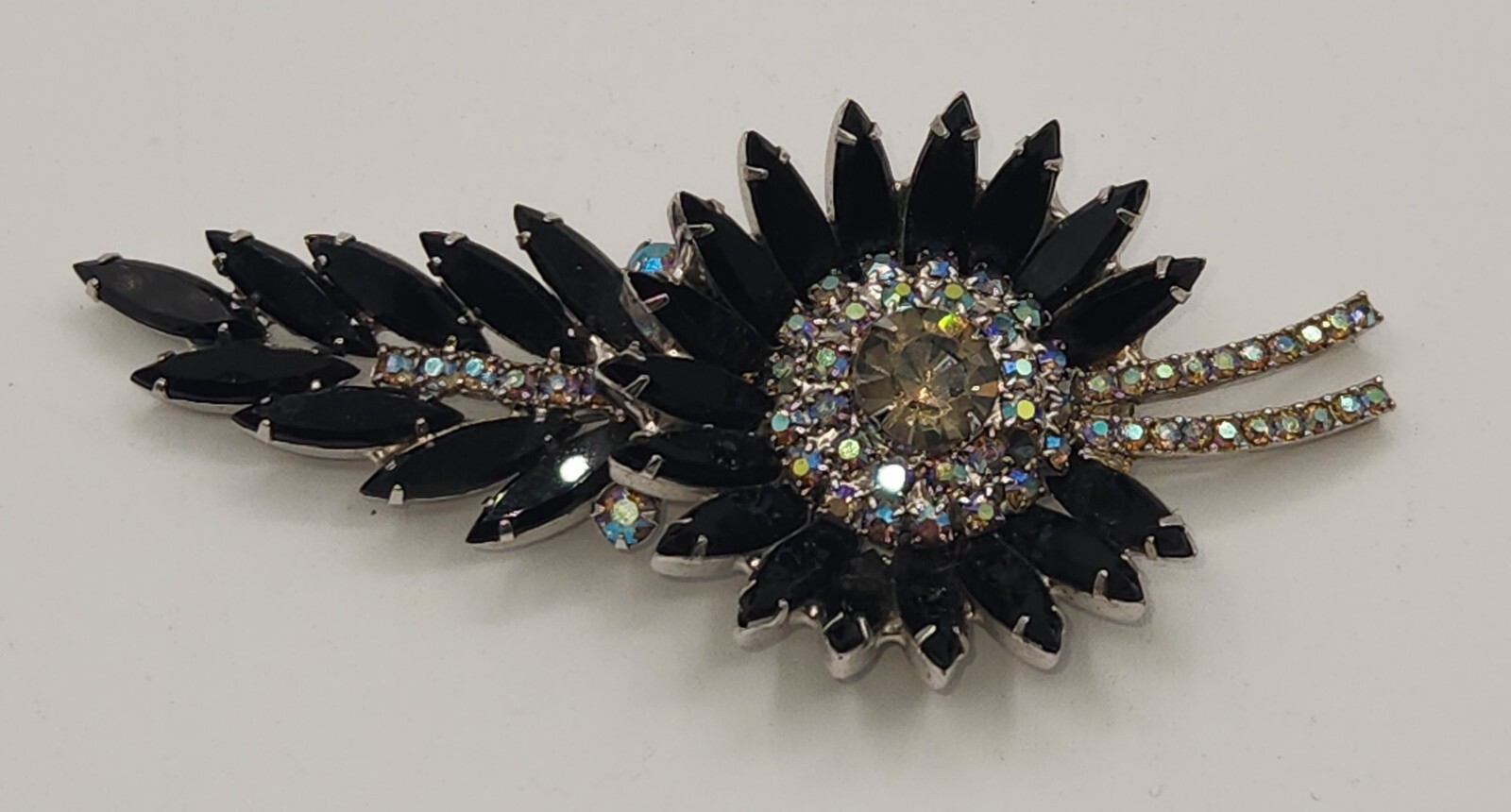Vintage Delizza And Elster Juliana Sunburst Brooch Jet, Gray And AB Rhinestones