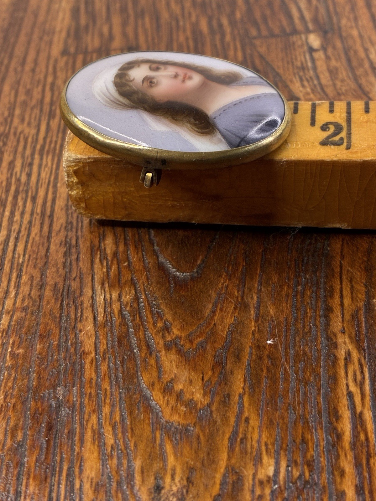 Antique Hand Painted Portrait Brooch w/ C Clasp Gold Tone porcelain Back stamped
