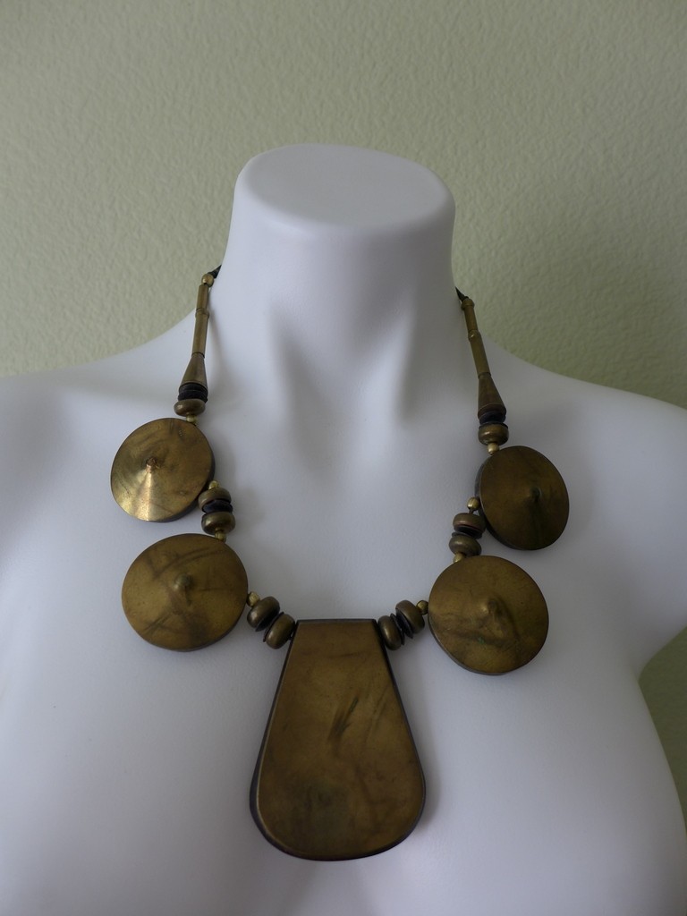 Estate Vintage Large Metal /Resin/Leather Cord Statement BOHO Tribal Necklace
