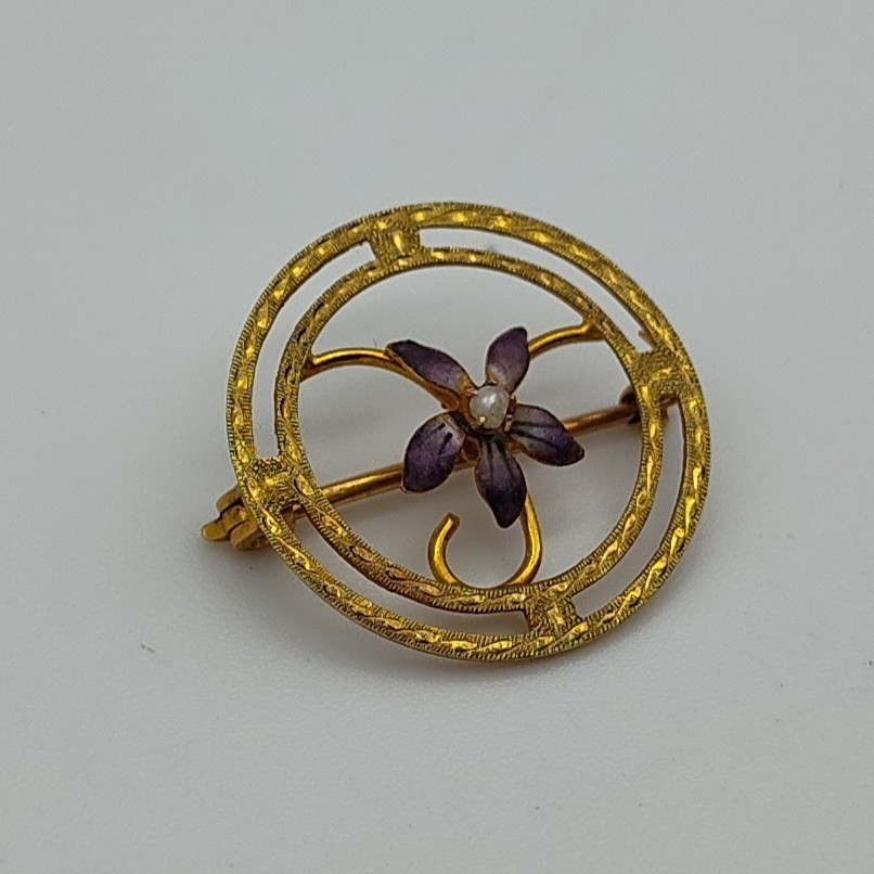 Vintage 10K Yellow Gold Circle Blue Flower Purple Violet Pearl Brooch Pin Lapel