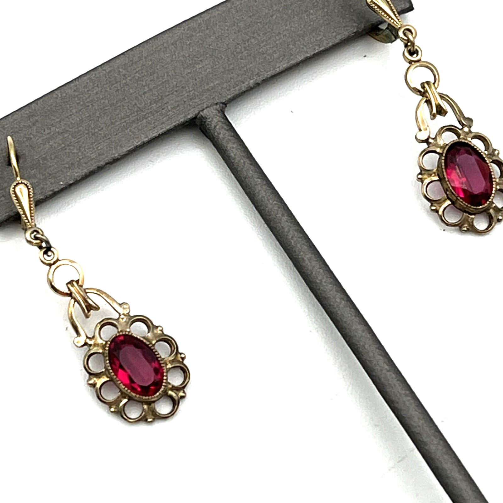 Vintage Art Deco Rolled Gold Red Ruby Simulated Pierced Earrings