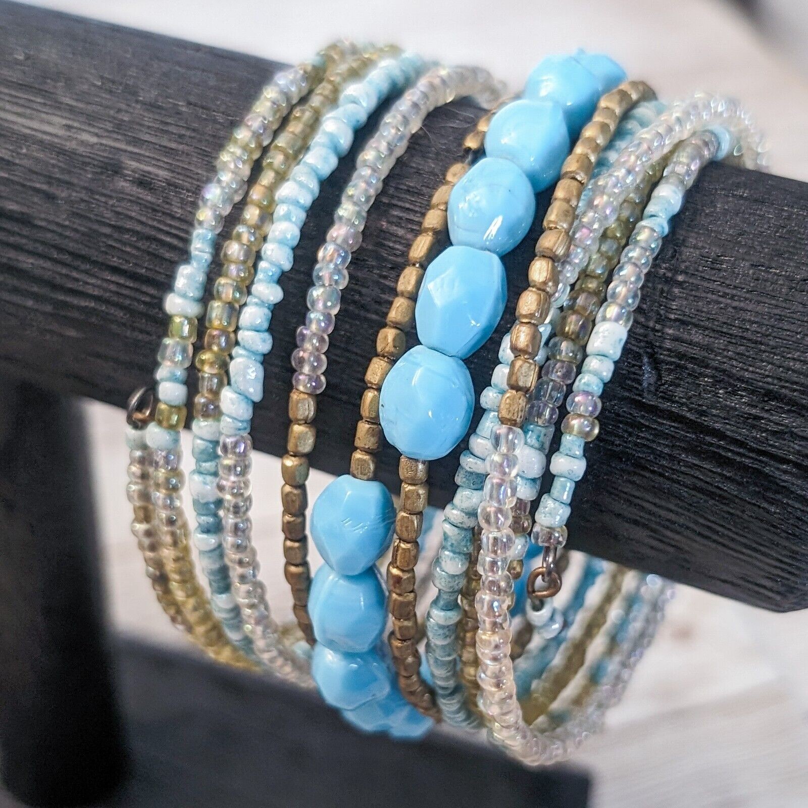 Vintage Wrap Bracelet / Bangle – Beaded Light Blue & Bronze Tones