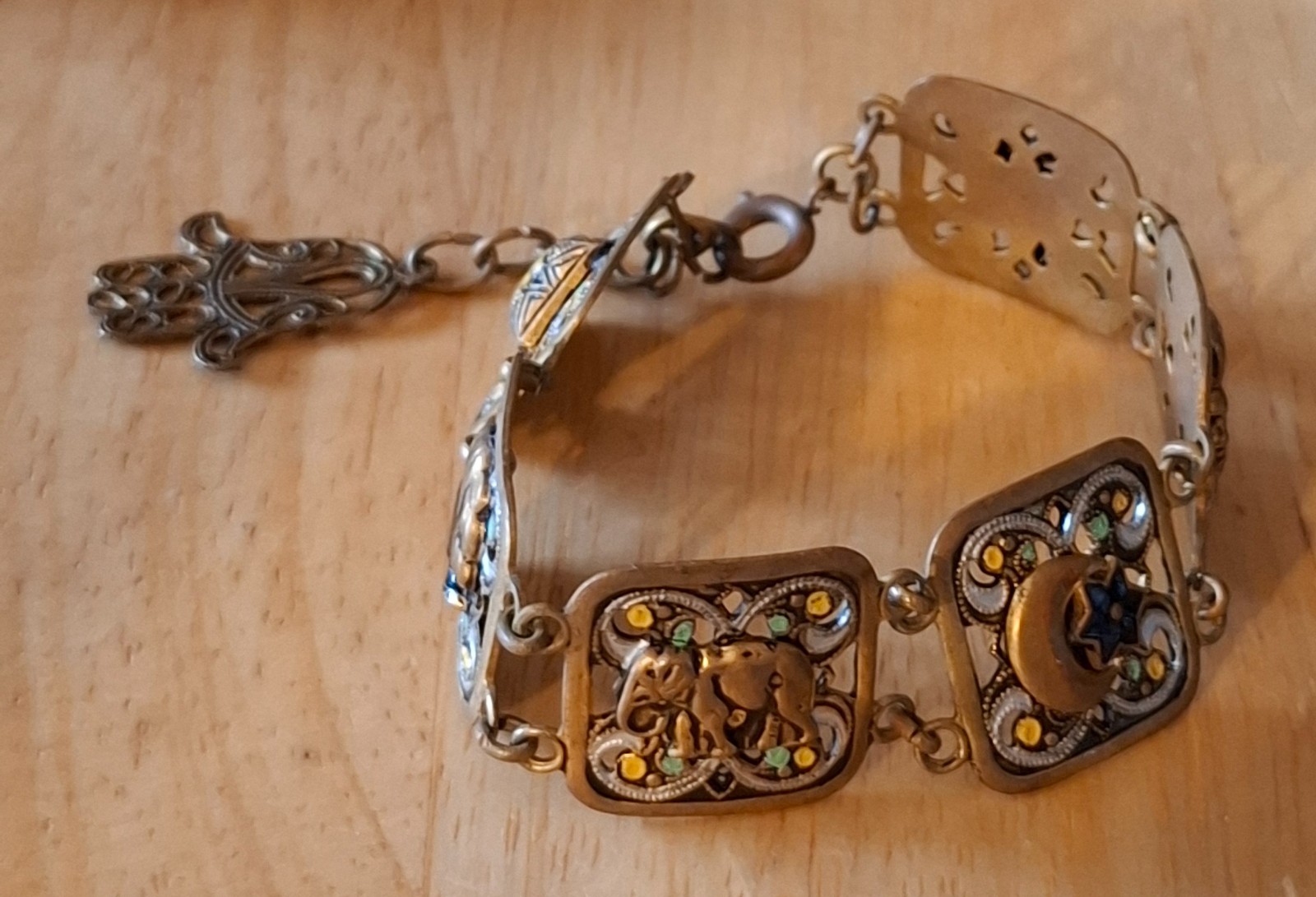 Vintage Jewelry Brass Tone Panel Link Bracelet with Filigree, Enamel & Cabochons
