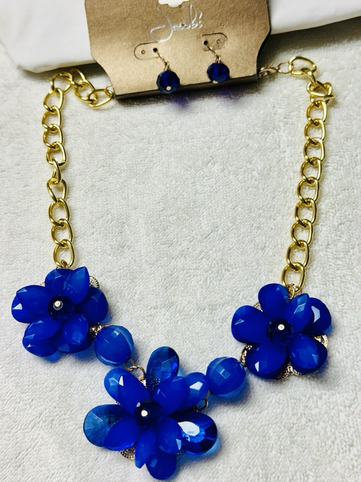 Blue Faceted Petal Flower Bead Bib Collar Necklace & Pierced Earrings n981