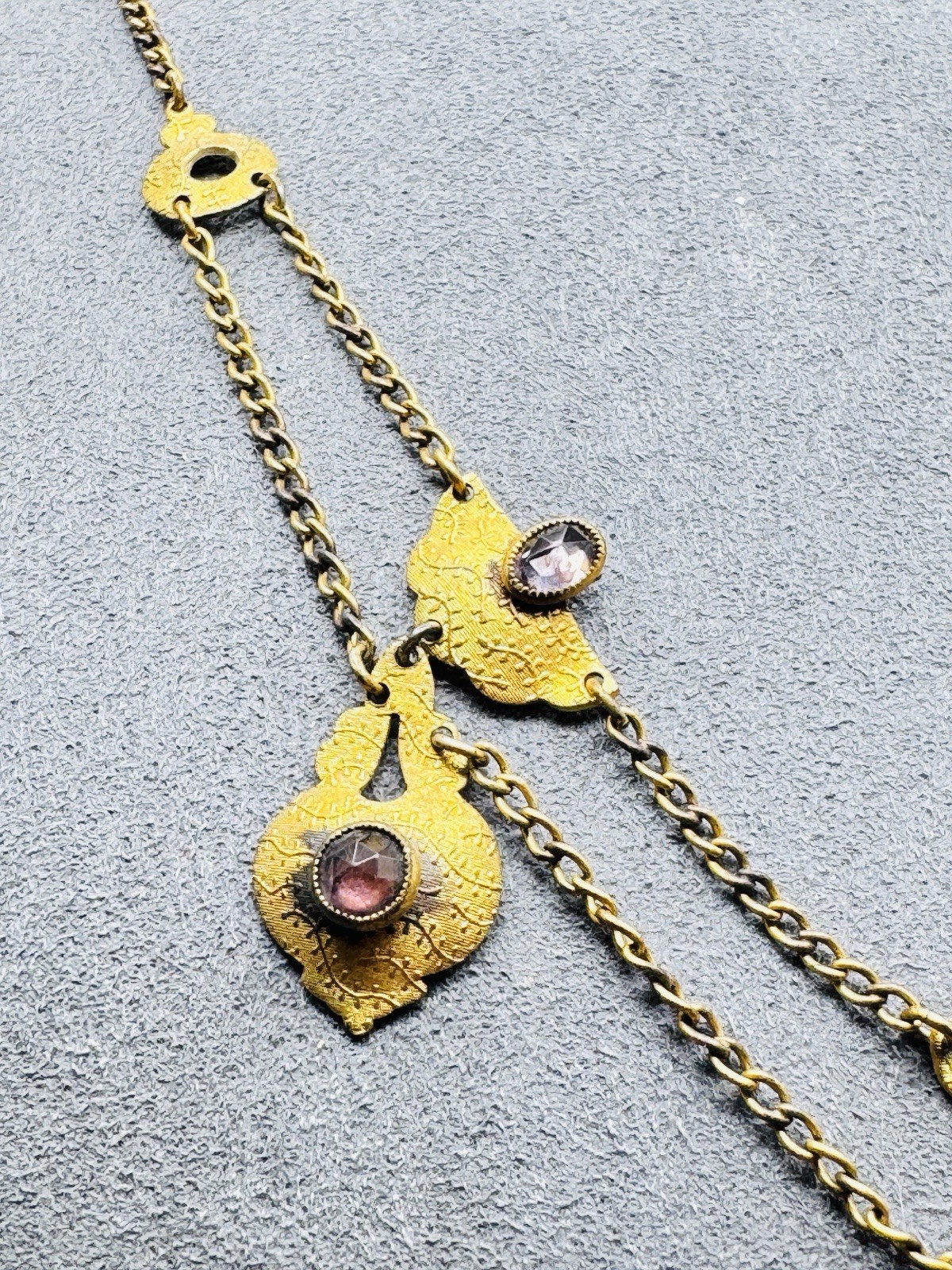 Antique Edwardian Gold Filled Festoon Necklace Rose Cut Purple Paste Stones