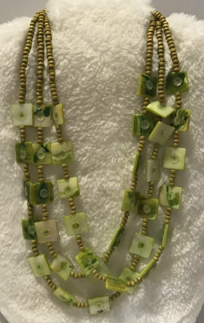 Green Sea Shell Wood Bead Necklace Artisan Handmade Boho Multi Strand