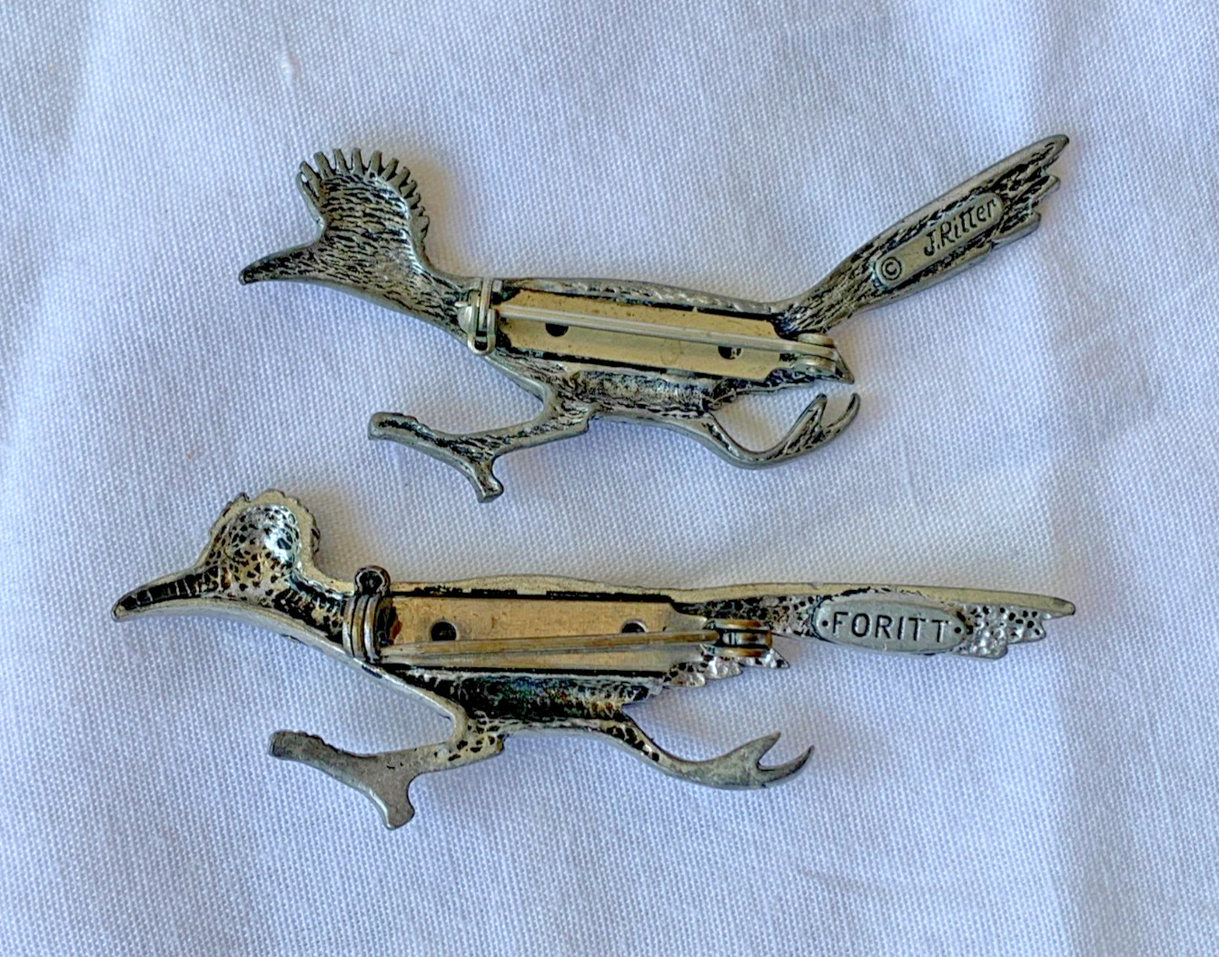 2 Roadrunner Pins Silver-tone South Western Jewelry 1-J. Ritter & 1-Foritt