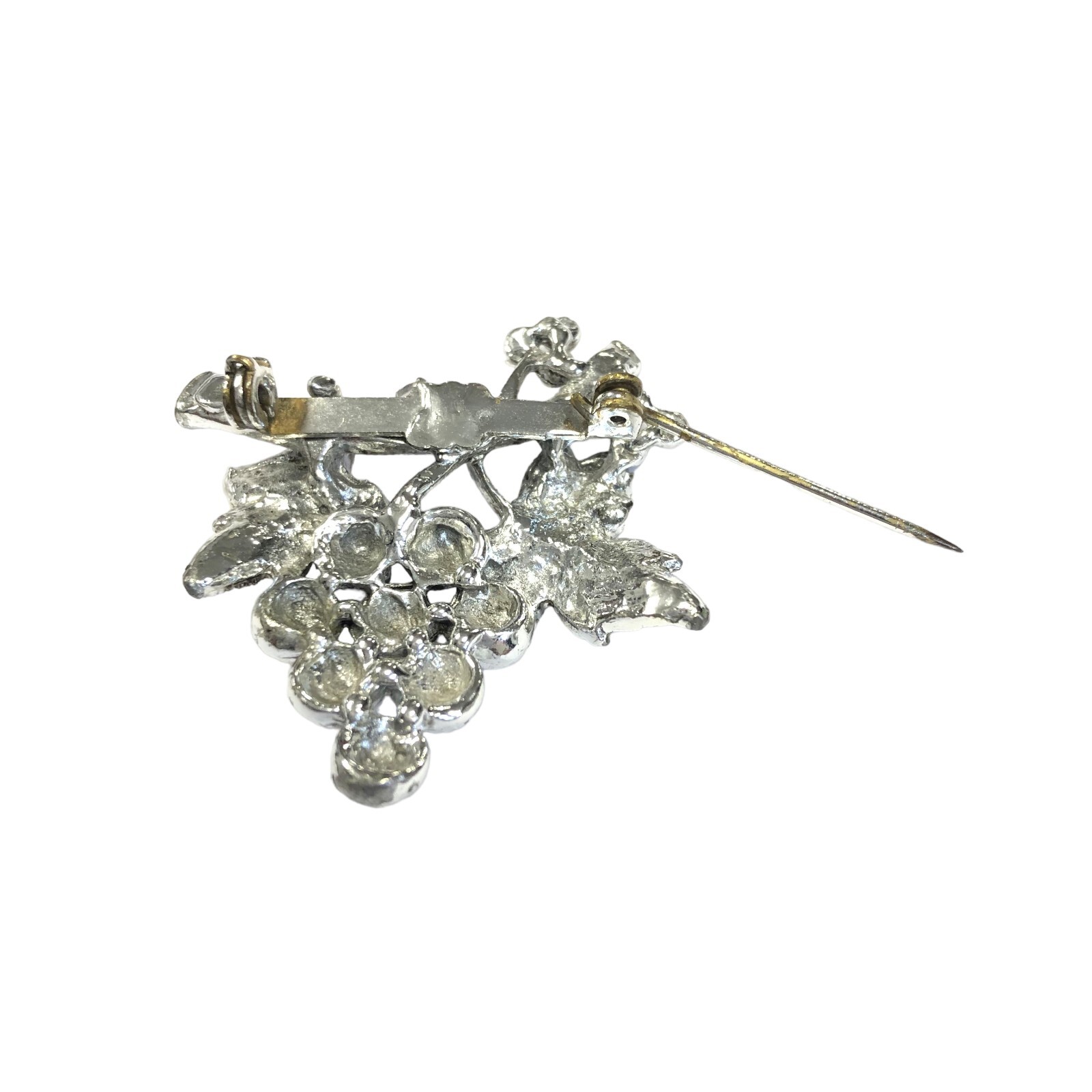 Vintage Rhinestone Bunch of Grapes Brooch and Clip on Earring Set Silver Tone