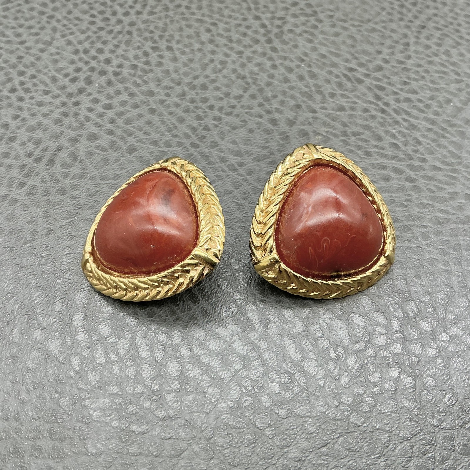 Vintage Monet Clip-On Earrings Gold Tone Wreath Red Cabochon Trillion Statement