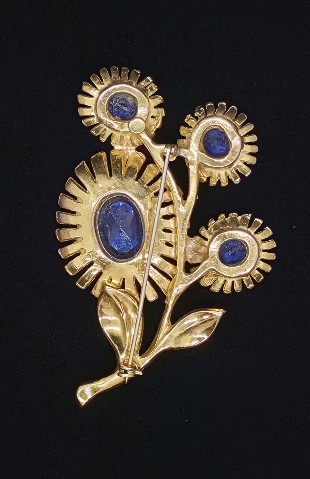 Vtg 1930s/40s Pot Metal Floral Spray Bouquet Blue Rhinestone Brooch Pin