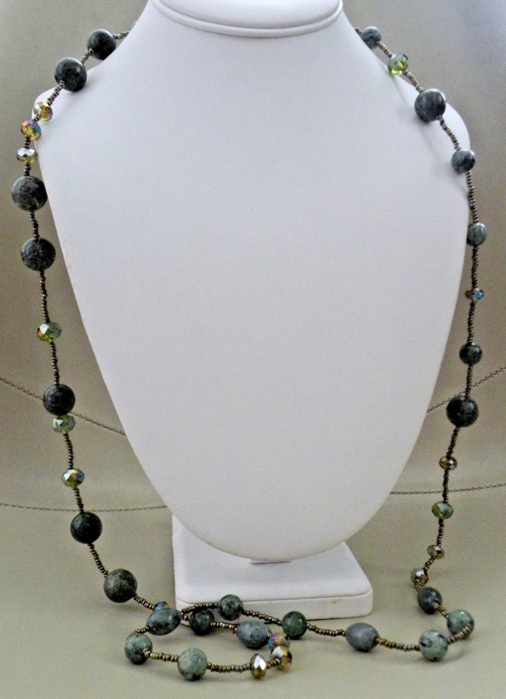 Marbled Green Nephrite Jade? Polished Gemstones Faceted AB Crystal Necklace 42″