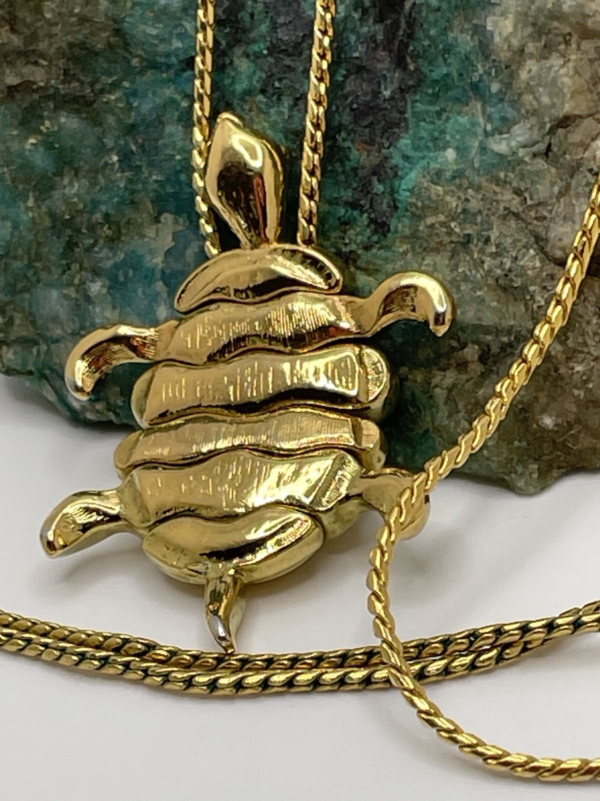 Enamel Gold Tone Articulated Turtle Pendant Necklace Estate Vintage Jointed