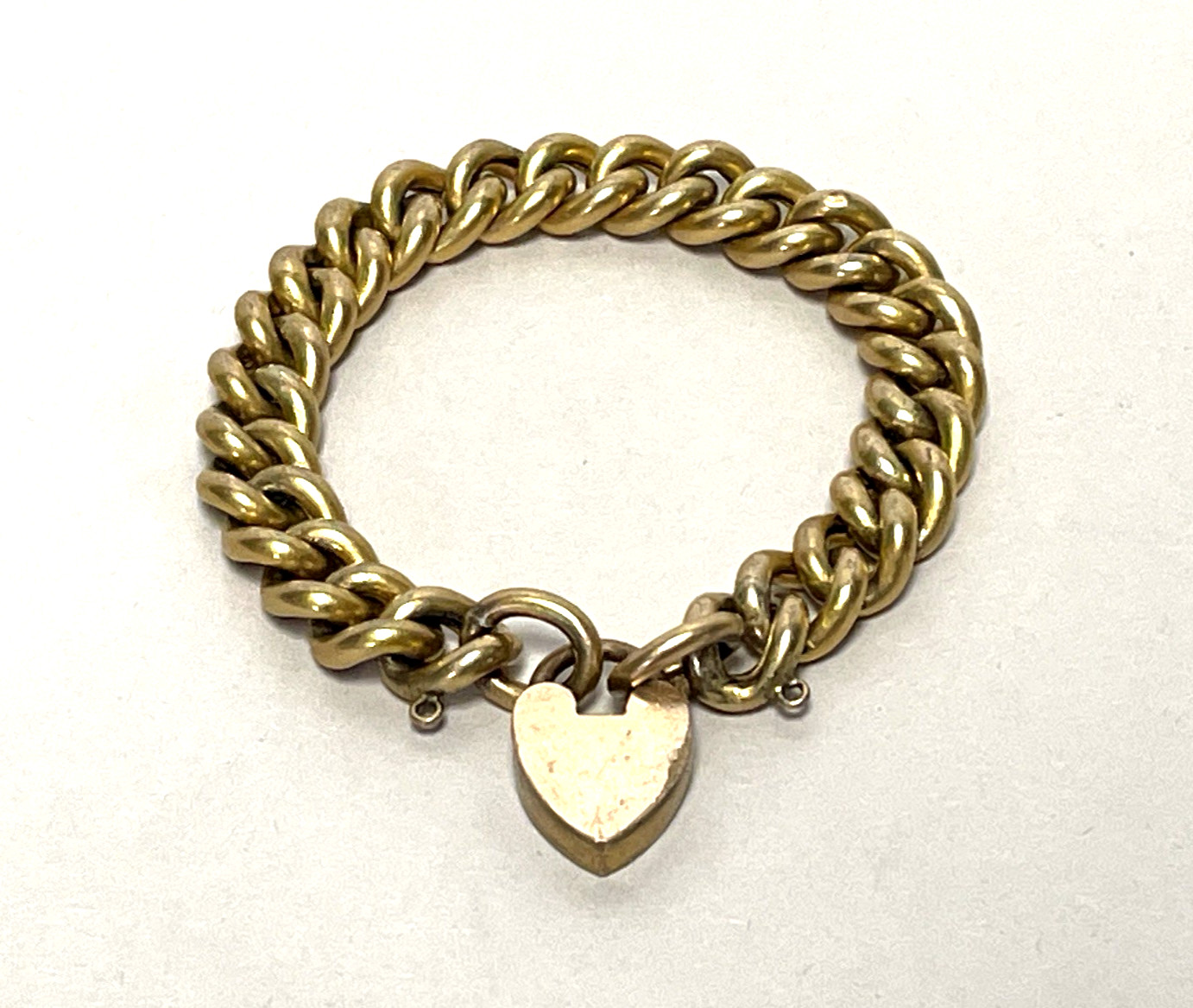Heavy 34g Antique Victorian T*H Gold Filled Curb Link Bracelet Heart Padlock 7″