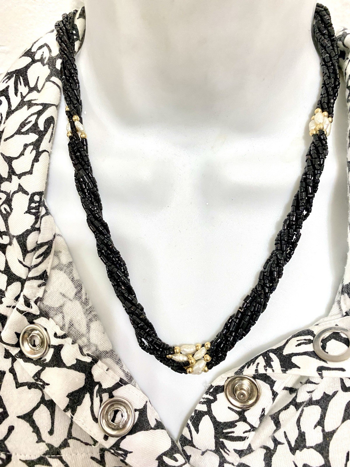 vintage genuine black coral Small elongated beads necklace Braided 6 Strands