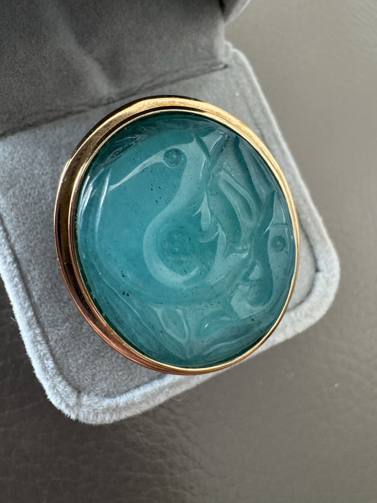 Vintage Bronze Amy Kahn Russell AKR Carved Celluloid Blue Fish Sz 9