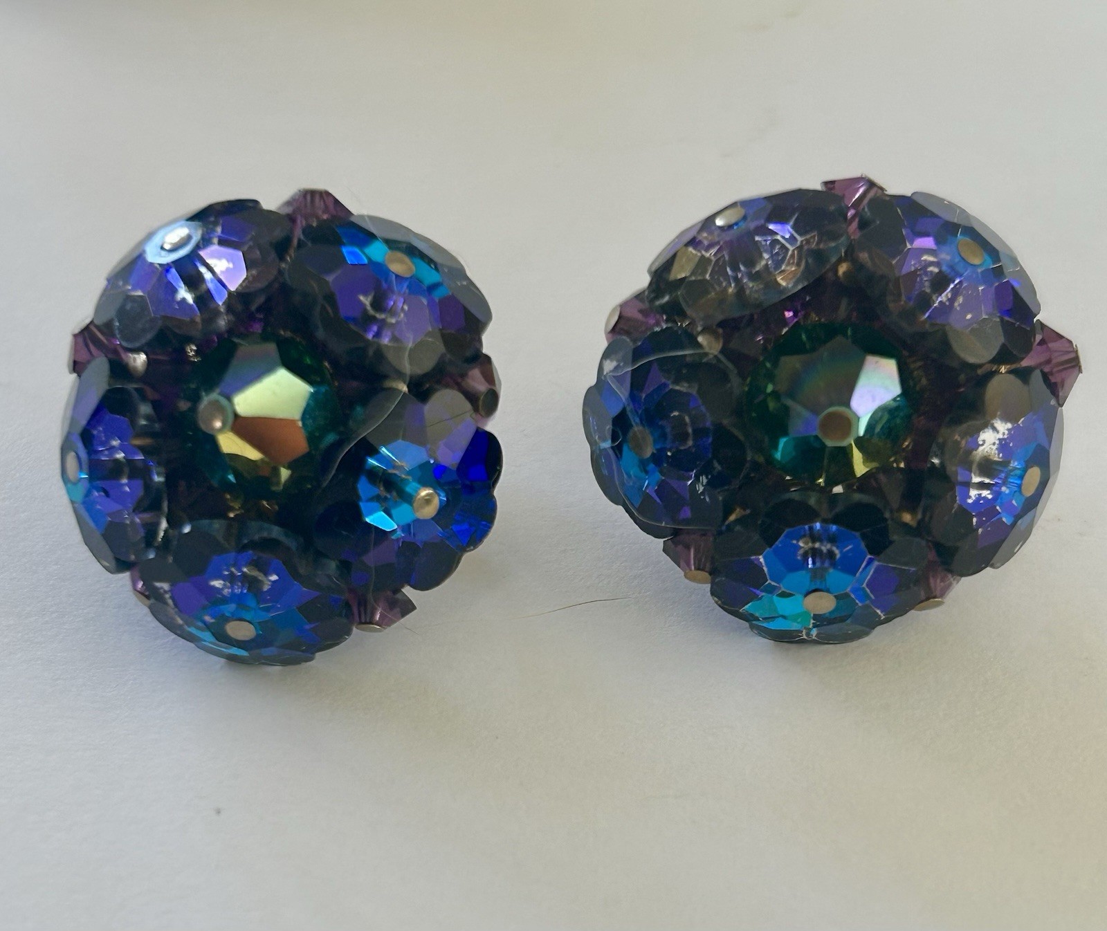 Vtg Signed Vendome Blue Purple Margarita Rivoli Glass AB Brooch And Earrings Set