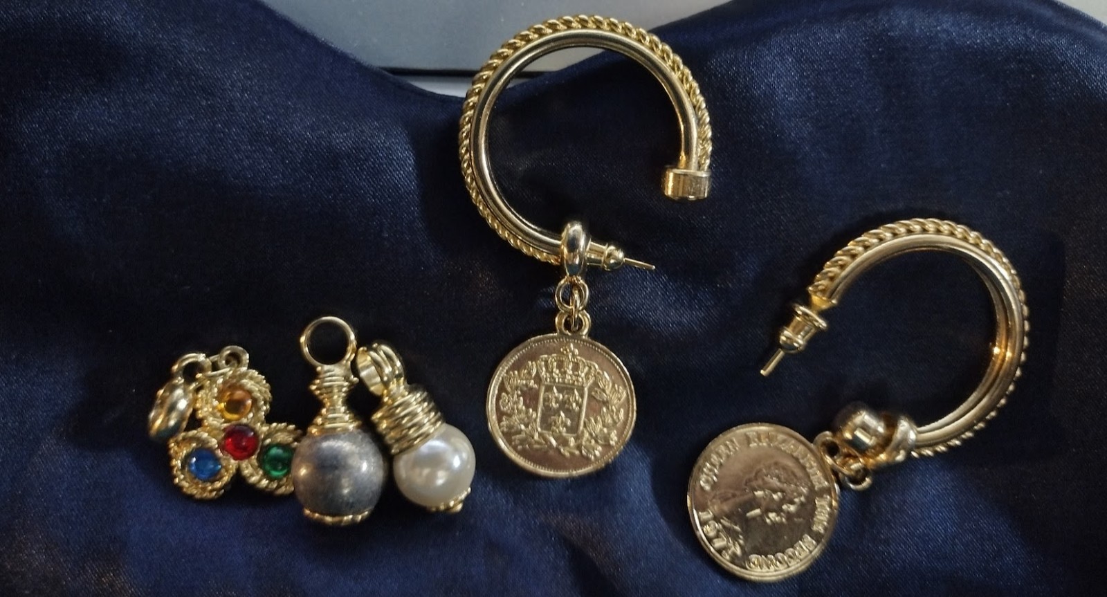 Pierced Earrings Removable Dangles Pearls/ Mogul Style Cabochons/ QEII 1971