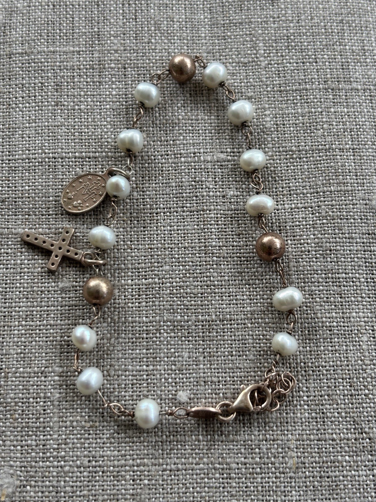 Vintage Dyadema Italy 925 Rosary Bracelet, Mary, Cross with Rhinestones 7″ to 8″