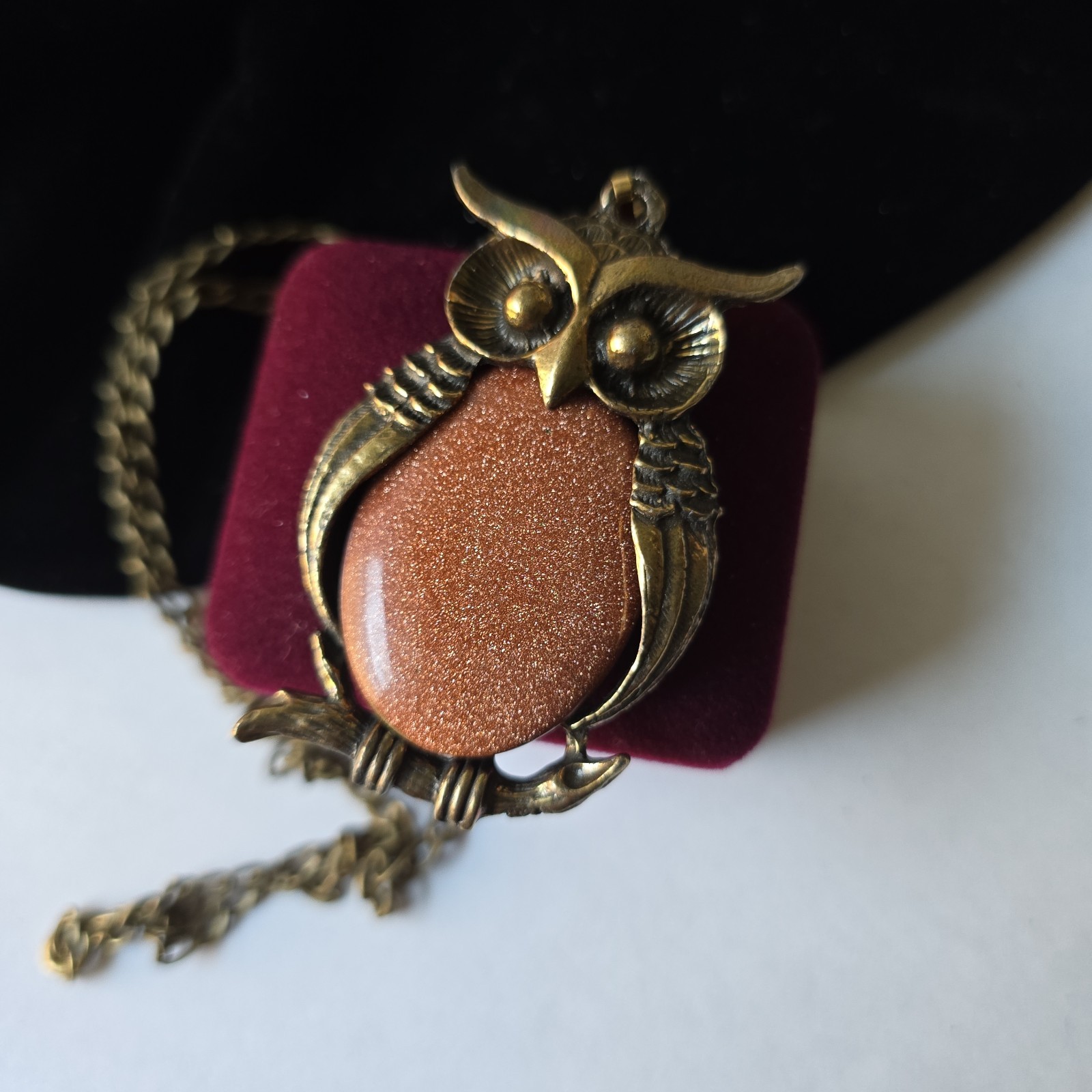 Vintage Bronze Tone Goldstone Belly Owl Pendant Chain Necklace 24″L