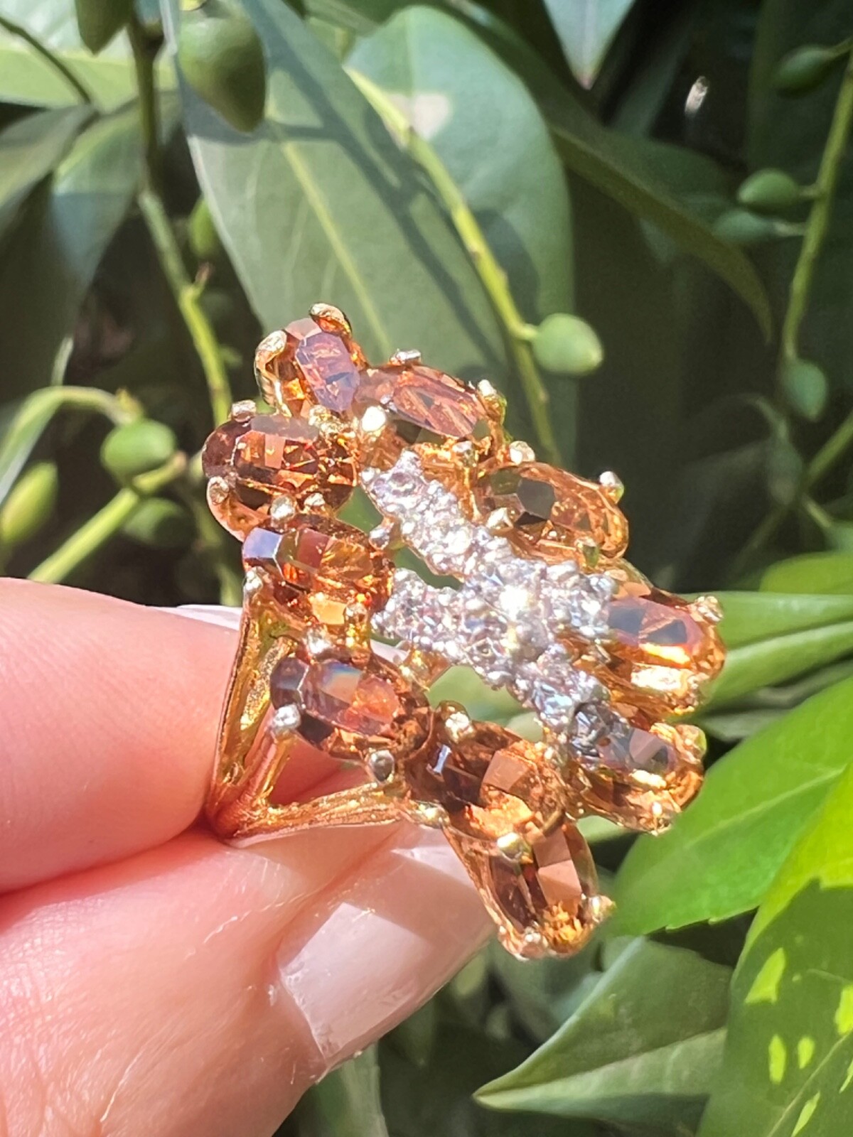 VINTAGE LARGE FAUX CITRINE GLASS CZ CUBIC ZIRCONIA COCKTAIL DRESS RING STATEMENT