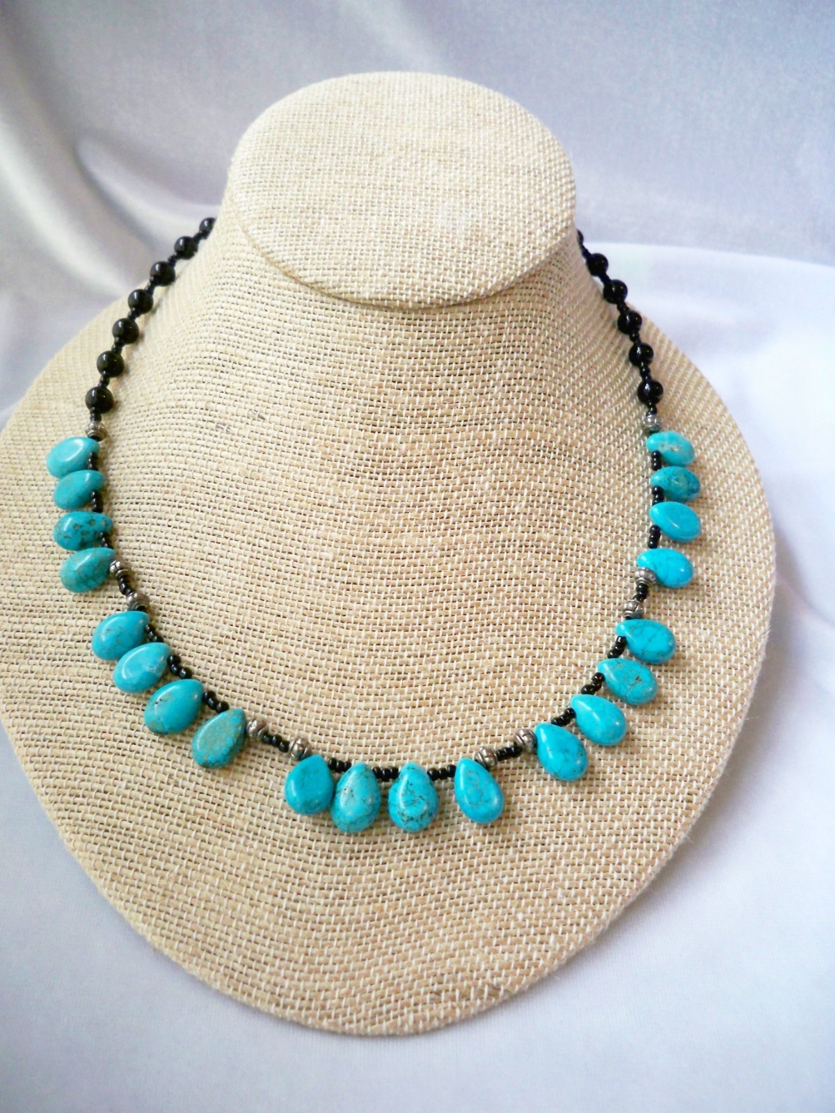 Vintage Black Glass & Turquoise Teardrop Fringe Beaded Bib Necklace