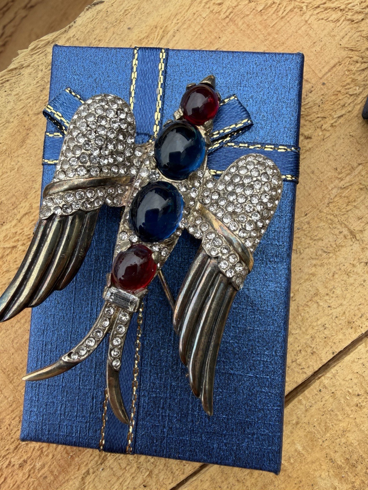 Crown Trifari Signed Huge Bird Brooch Pin Red Blue Glass Stone Rare