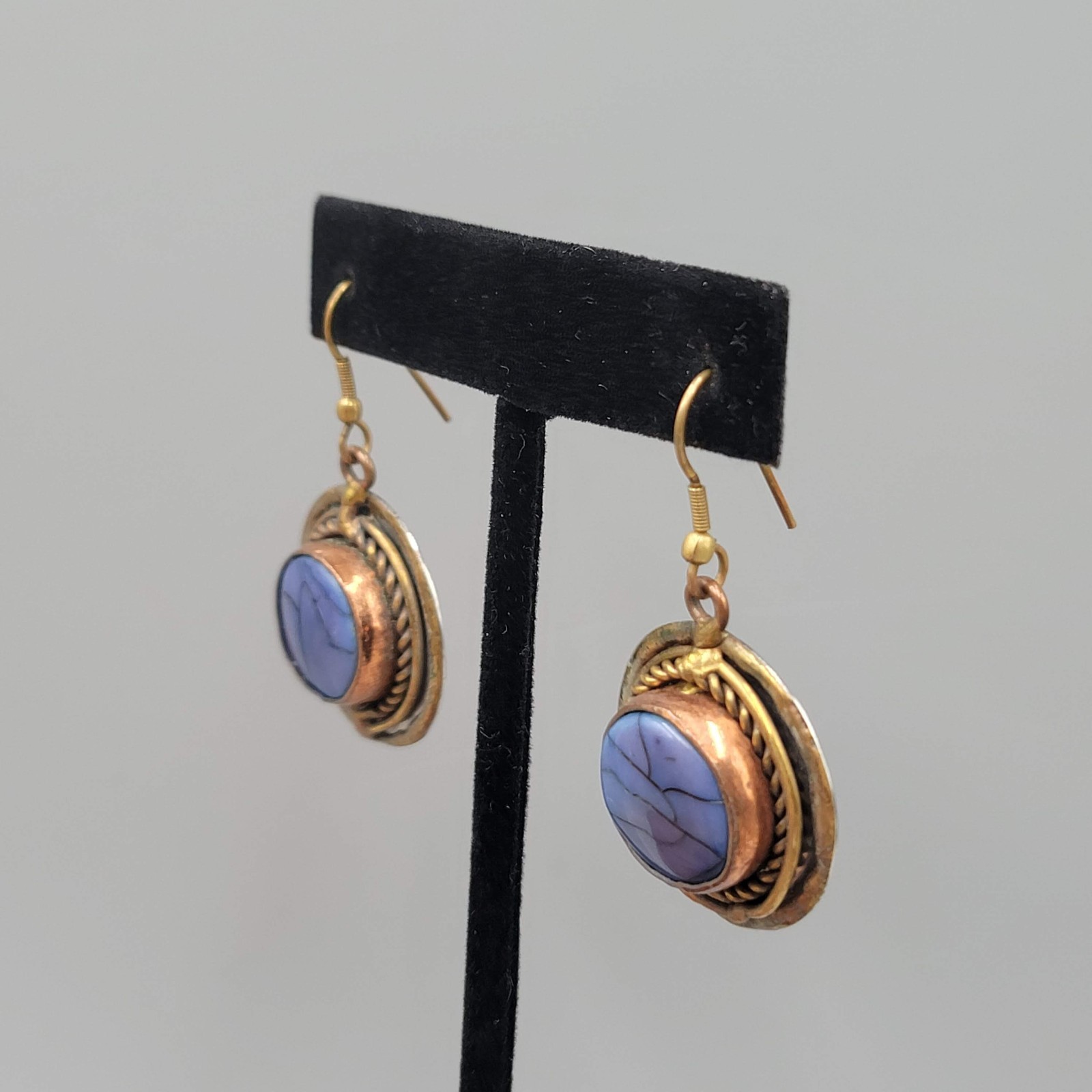 Vintage Blue Stone Pierced Earrings Brass Copper Dangle 1.25″
