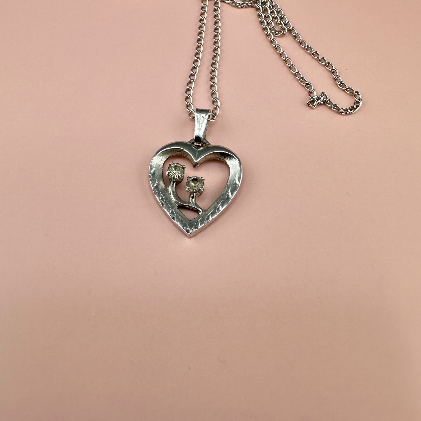 Vintage Sterling Silver Rhinestone Heart Pendant Necklace 925 Chain 16″ Signed